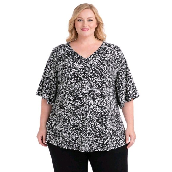 JM Collection Tops - JM COLLECTION Womens 3X V Neck Career Casual Short Flare Sleeve Black Cream Top